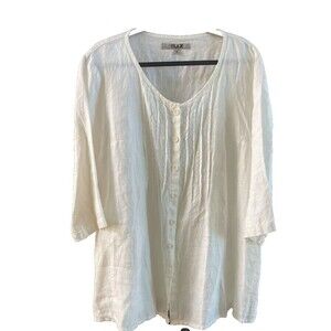FLAX Linen Top Button Down Long Sleeve Pockets Pleats Cream White Size M